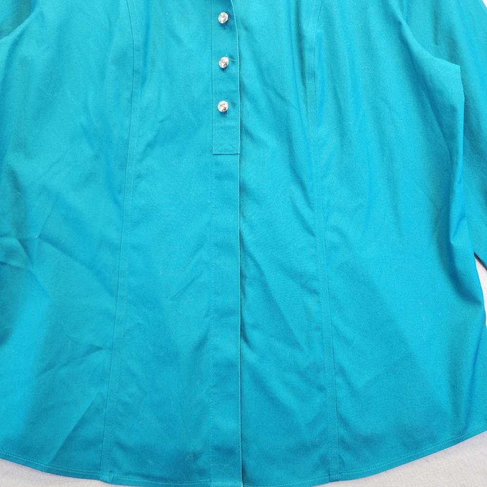 Chicos No Iron Teal Blue Button Down Shirt Rhinestone Crystal Buttons Size 1 M - Picture 3 of 13